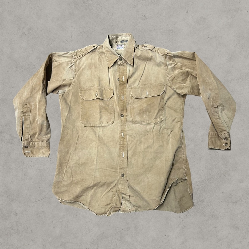 Cramerton Army Cloth Work Shirt Mens M Tan Vintage Military Twill Epaulets WW2